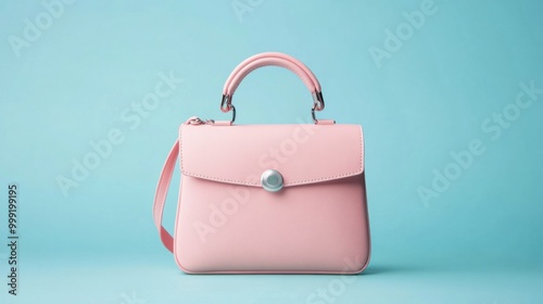 A trendy satchel bag in light pink leather with a top handle, isolated on a pastel blue background