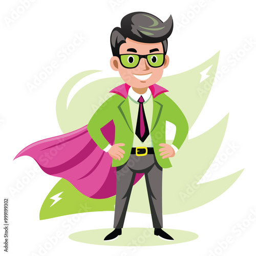 A cartoon image of a successful businessman, wearing a green suit and a pink cape, with a confident stance and a smile. He is standing in front of a green, abstract background