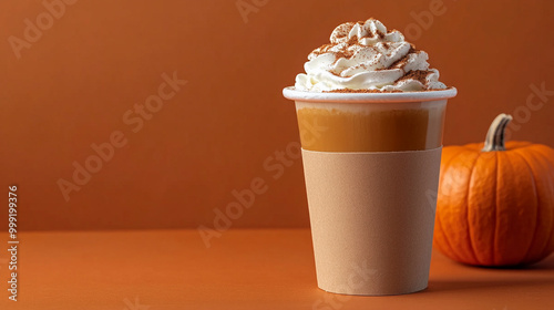 Fototapeta Naklejka Na Ścianę i Meble -  warm glass of pumpkin spice latte, rich in autumnal colors and seasonal flavors, evokes feelings of comfort and coziness, symbolizing harvest, abundance, and the warmth of fall