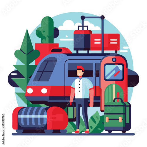 A traveler, with luggage in hand, stands beside a modern train, ready to board and embark on a journey