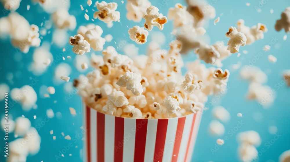 Popcorn bursting out of a red and white striped container against a vibrant blue background. Perfect for movie night themes. Popcorn bursting out of a red and white striped container against a vibrant blue background. Perfect for movie night themes.
