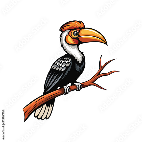 A detailed image of a rufous-headed hornbill perched on a branch, with its beak open as it calls out.