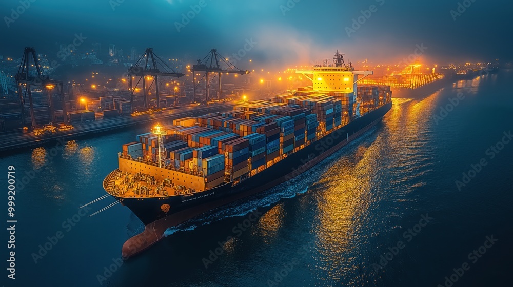 Automated container loading at a bustling port at dusk, showcasing advanced shipping technology in action Automated container loading at a bustling port at dusk, showcasing advanced shipping technology in action