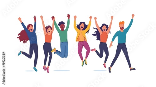 A diverse group of friends celebrating joyfully with raised arms, embodying happiness and friendship in a lively illustration.