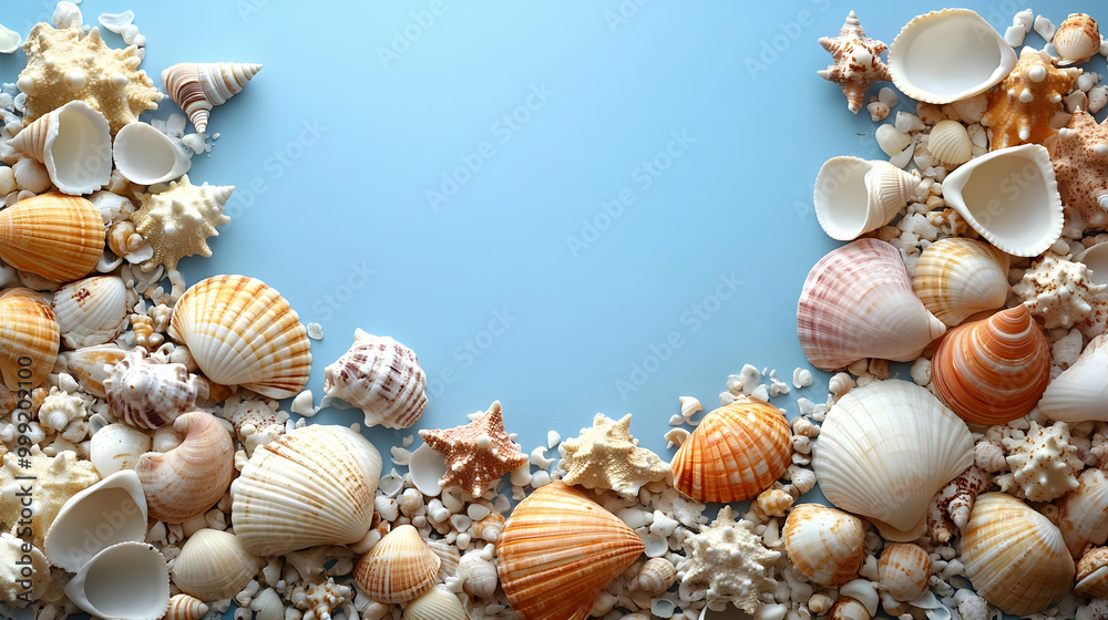Seashells on Blue Background, Summer Ocean Decor Seashells on Blue Background, Summer Ocean Decor