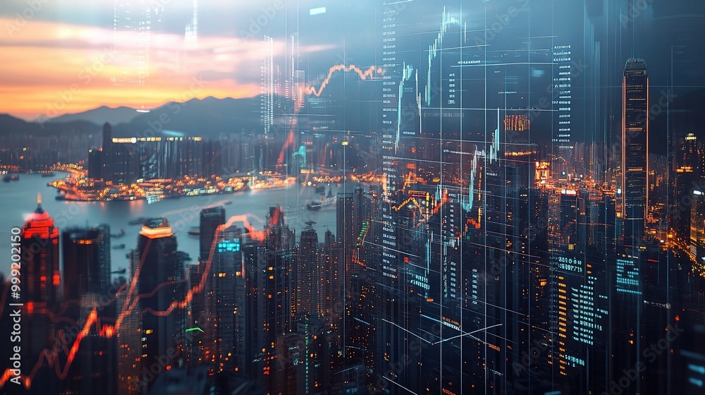 Fototapeta premium Urban Skyline with Financial Data Overlay at Sunset
