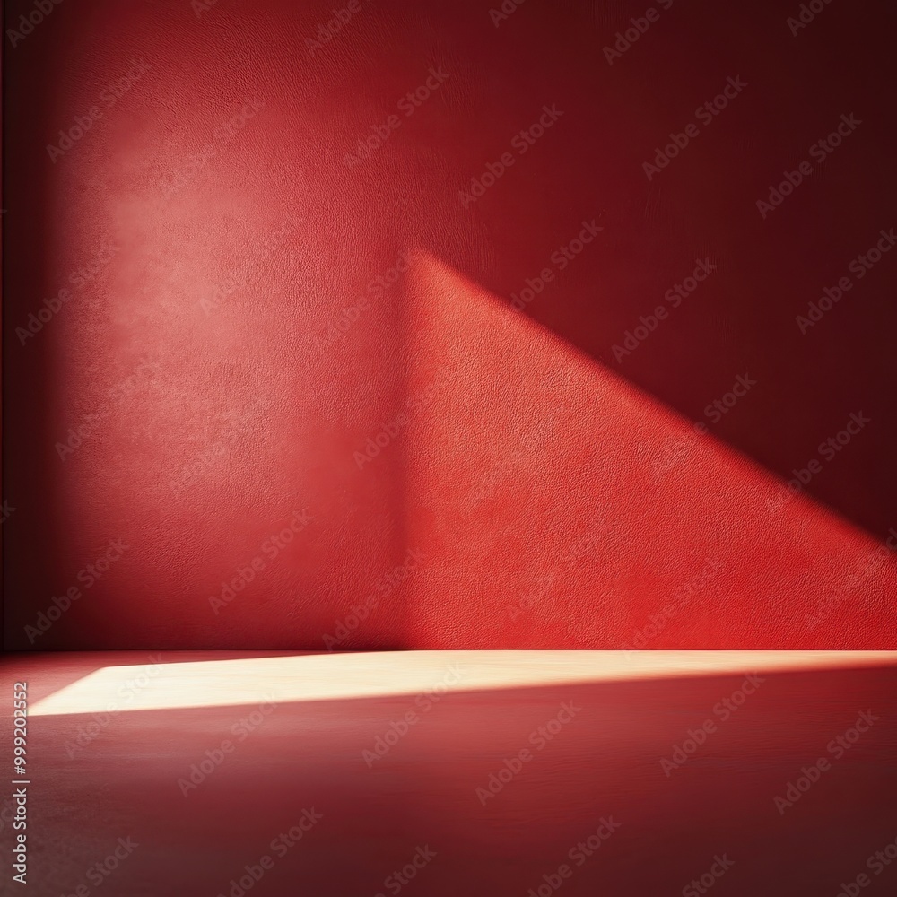 Obraz premium Red Wall with Light Beam and Wooden Floor - Minimalist Interior Design Background.