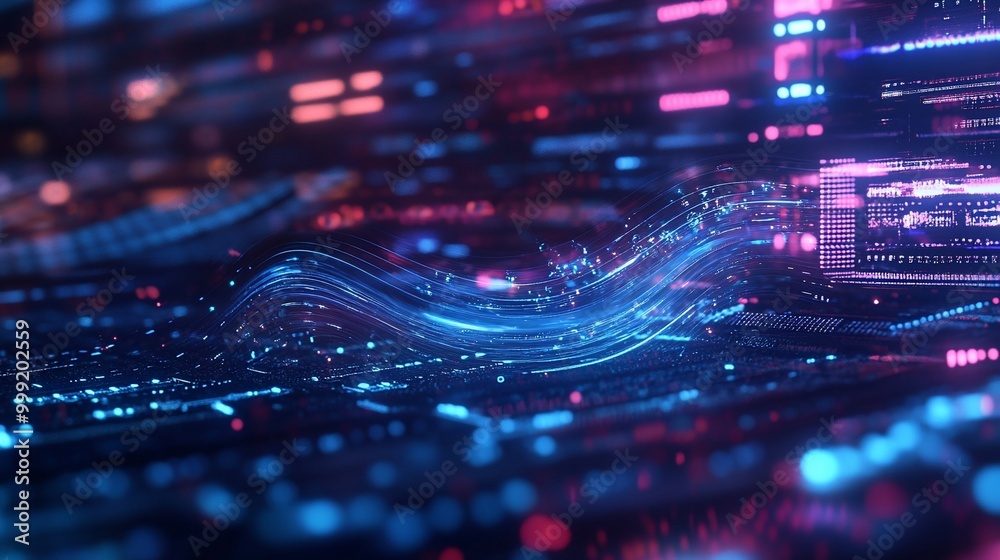 Abstract digital data flow with blue and pink light streaks, representing the transfer of information or network activity. Abstract digital data flow with blue and pink light streaks, representing the transfer of information or network activity.