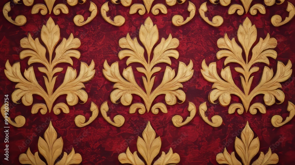 Elegant gold floral pattern on red background.