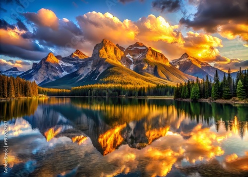 Golden Hour Light creeps over majestic mountain peaks, illuminating serene lake waters with vibrant reflections and amplifying dramatic contrasts, expansive vistas, and the grandeur of nature.