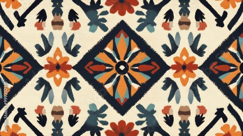 Geometric pattern with colorful flowers, leaves, and geometric shapes in an intricate design.