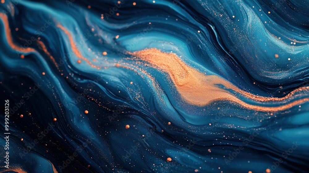 Glossy ocean waves of blue, copper, and seafoam green swirl together, creating a harmonious blend on a dark canvas Glossy ocean waves of blue, copper, and seafoam green swirl together, creating a harmonious blend on a dark canvas