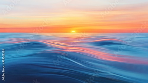 Abstract Sunset Over Ocean Water with Wavy Lines and Pink and Blue Color Palette.