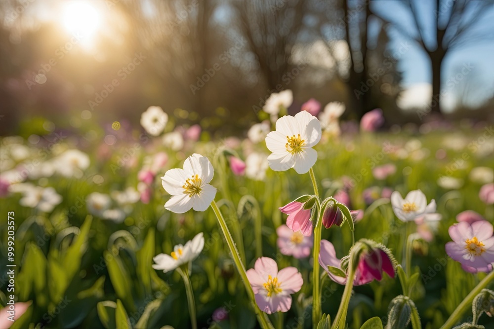 Obraz premium Vibrant Spring Garden Bathed in Golden Sunlight Macro View of Enchanting Meadow Flowers