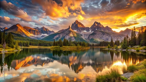 Dramatic sunrise over a mountain range with a tranquil lake in the foreground reflecting the warm golden light that highlights the rugged terrain and majestic peaks