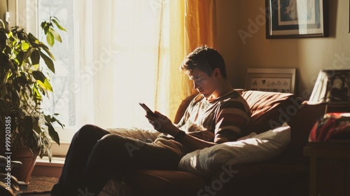 Young man using phone while sitting on a couch by the window.