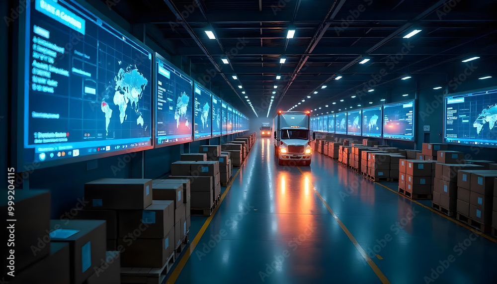 Semi-trailer Truck Driving Through a Warehouse With Stacked Boxes and Monitors Displaying World Maps Semi-trailer Truck Driving Through a Warehouse With Stacked Boxes and Monitors Displaying World Maps