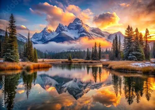 Breathtaking sunrise illuminates the rugged, snow-covered mountain range, casting a warm glow on the misty atmosphere, while the stillness of the mountain pond mirrors the majestic landscape.