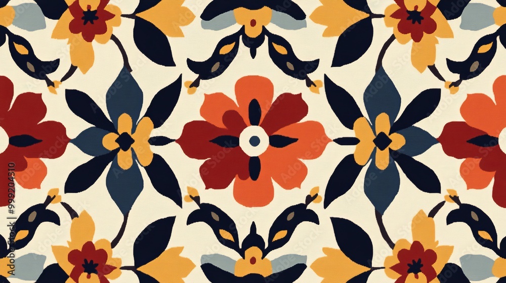 Seamless pattern with red, yellow and blue floral motif on a white background. Seamless pattern with red, yellow and blue floral motif on a white background.