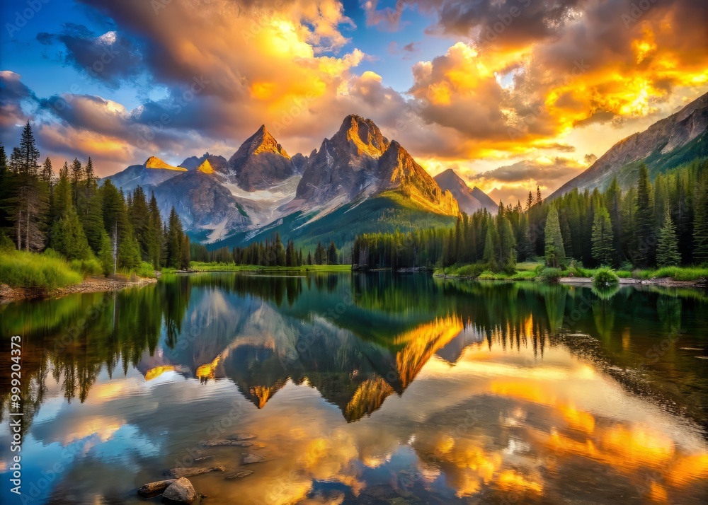 Golden hour sunrise illuminates serene mountain lake with vivid reflections of rugged peaks and colorful sky. Golden hour sunrise illuminates serene mountain lake with vivid reflections of rugged peaks and colorful sky.