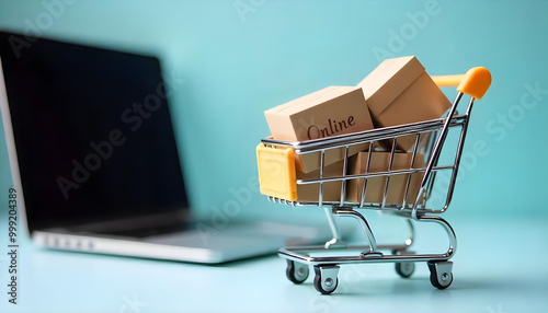 Online Shopping Cart with Packages and Laptop