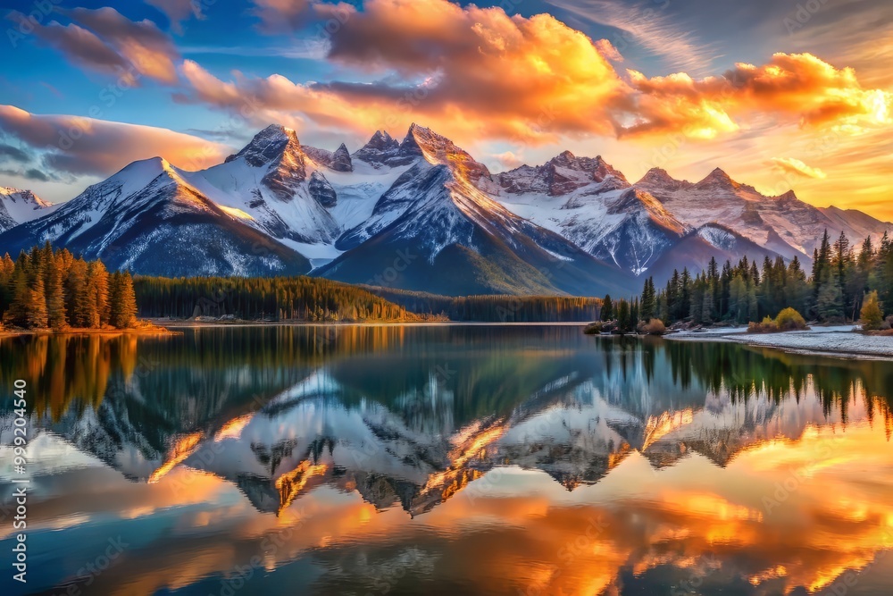 Rising Sun Illuminates Snow-Capped Peaks with Gentle Lake Reflections and Warm Textures Rising Sun Illuminates Snow-Capped Peaks with Gentle Lake Reflections and Warm Textures