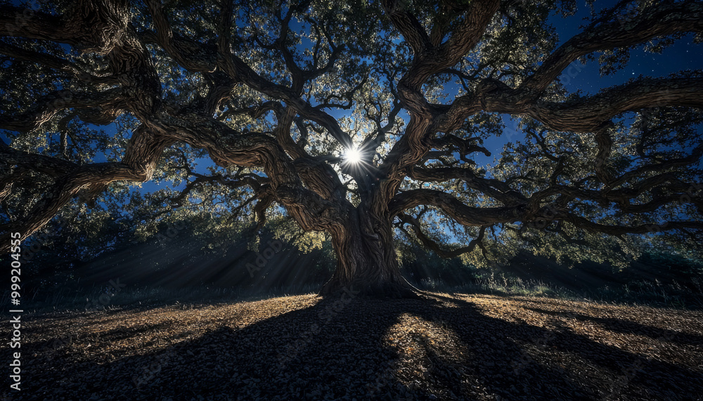 A majestic tree stands under a starry sky, with moonlight filtering through its branches, casting intricate shadows on the ground. A majestic tree stands under a starry sky, with moonlight filtering through its branches, casting intricate shadows on the ground.