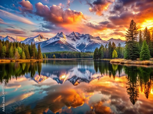 Tranquil lake mirror reflects vibrant colors of a breathtaking sunrise amidst distant snow-capped mountains bathed in soft warm light.