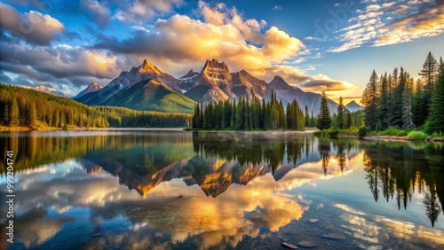 Morning Radiance bathes tranquil mountain lake in warm tones accentuating rustic peaks majestically reflected in glassy waters under immense blue sky with wispy clouds. photo