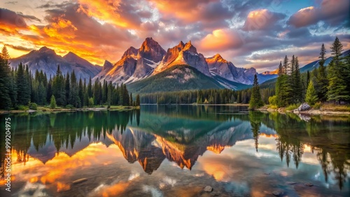 Breathtaking sunrise illuminates tranquil lake surrounded by towering rugged peaks softly mirrored in still water.