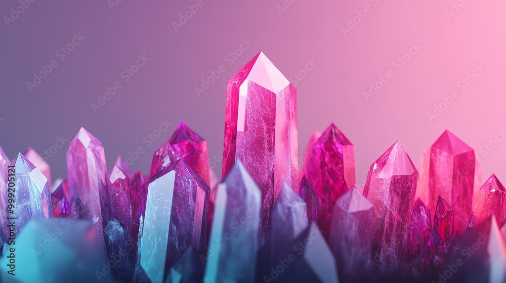 Floating crystals, surreal dreamscape in neon light, 3D illustration Floating crystals, surreal dreamscape in neon light, 3D illustration