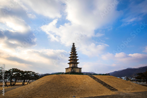 Morning view of seven stories stone pagoda at Central Tower Historical Park near Chungju-si, South Korea photo