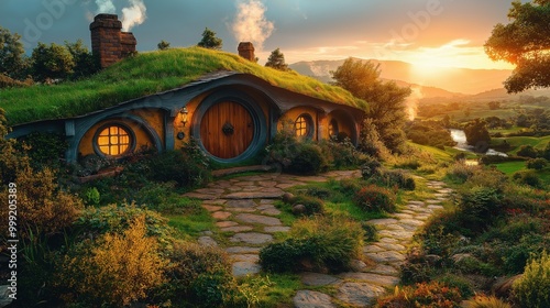 Serene Shire landscape at sunset with cozy hobbit holes and golden-leaved trees