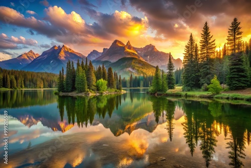 Serene Lake reflects breathtaking sunrise with majestic mountains and verdant trees under a warm glow of golden hour light in a peaceful atmosphere.