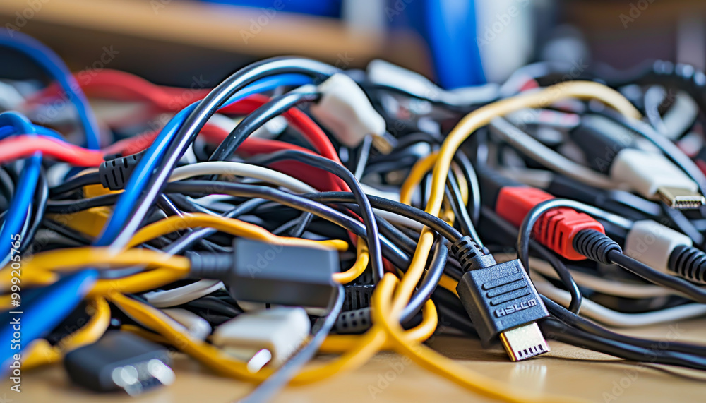 A chaotic arrangement of various electronic cables and connectors, showcasing the complexity of modern technology. A chaotic arrangement of various electronic cables and connectors, showcasing the complexity of modern technology.