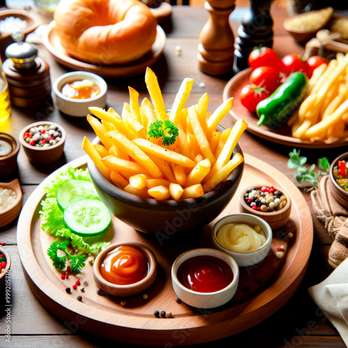 Illustration of breakfast of French fries with dipping sauce on a dining table. photo