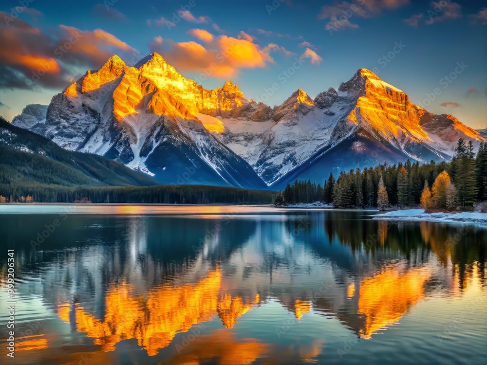 The rising sun illuminates a majestic snow-capped mountain range, casting a warm golden glow on the serene lake's calm waters, reflecting the dramatic contrasts of light and shadow. The rising sun illuminates a majestic snow-capped mountain range, casting a warm golden glow on the serene lake's calm waters, reflecting the dramatic contrasts of light and shadow.