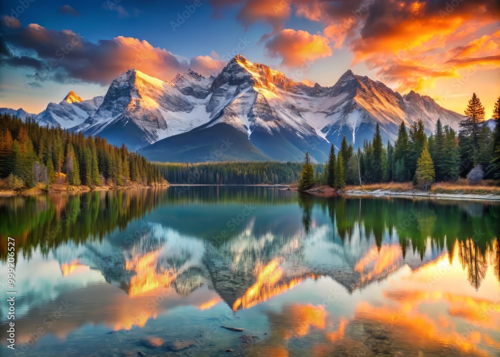 Calm lake mirroring the grandeur of snow-capped mountains, bathed in the soft, warm glow of sunrise, emphasizing the dramatic contrasts and rich colors of the landscape.