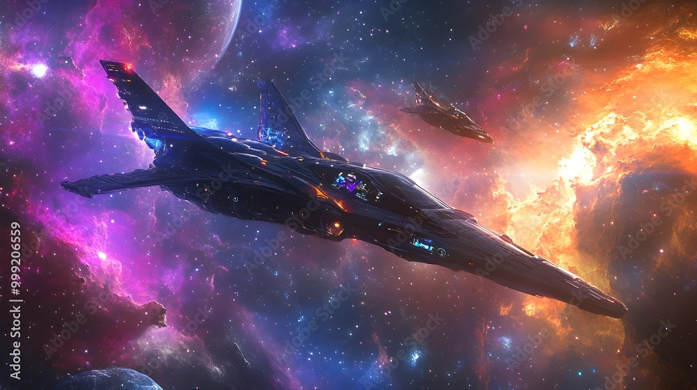A breathtaking scene of a futuristic space exploration setting featuring sleek, aerodynamic spaceships soaring through the cosmos. The background showcases a vivid starfield with colorful nebulae A breathtaking scene of a futuristic space exploration setting featuring sleek, aerodynamic spaceships soaring through the cosmos. The background showcases a vivid starfield with colorful nebulae
