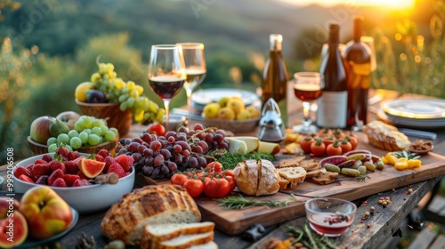 A Festive Outdoor Table Setting with Wine and Fresh Produce