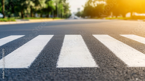 Wallpaper Mural zebra crosswalk markings on a clean, black asphalt road. The distinct lines symbolize safety, order, and the intersection between pedestrian and vehicular movement Torontodigital.ca