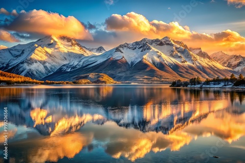 Golden hour light illuminates the tranquil lake scene where snow-covered mountains rise majestically from the shoreline casting dramatic reflections and contrasts onto the glassy water.