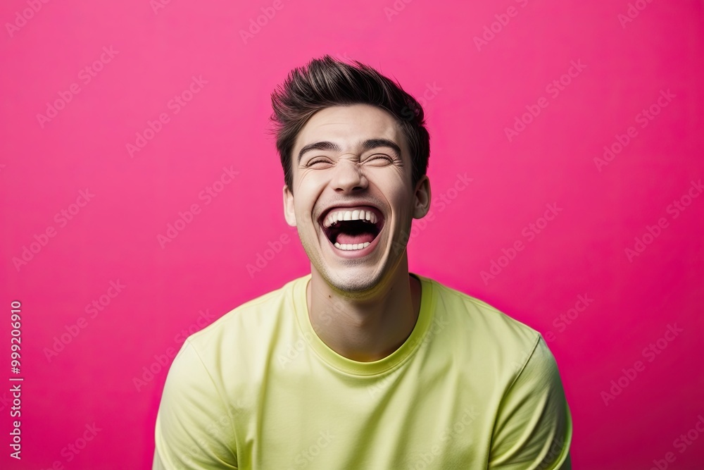 Fototapeta premium Lively Young Man Portrait Smiling Against Vibrant Fuchsia Background