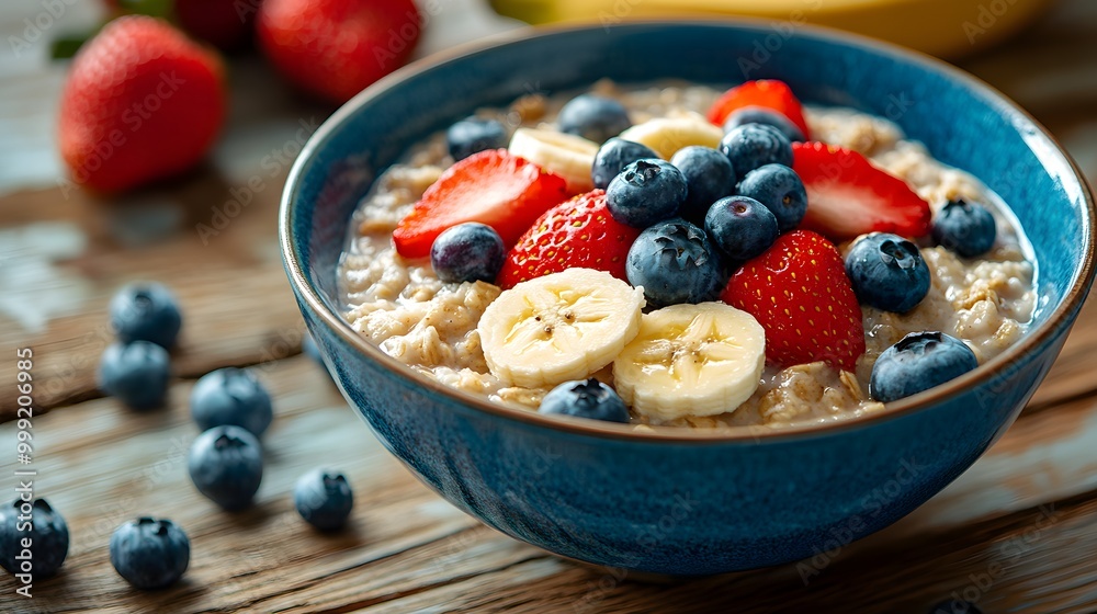 A vibrant 3D illustration of a bowl filled with organic oatmeal, topped with an assortment of fresh fruits such as sliced bananas, strawberries, and blueberries. The oatmeal has a creamy texture, A vibrant 3D illustration of a bowl filled with organic oatmeal, topped with an assortment of fresh fruits such as sliced bananas, strawberries, and blueberries. The oatmeal has a creamy texture,