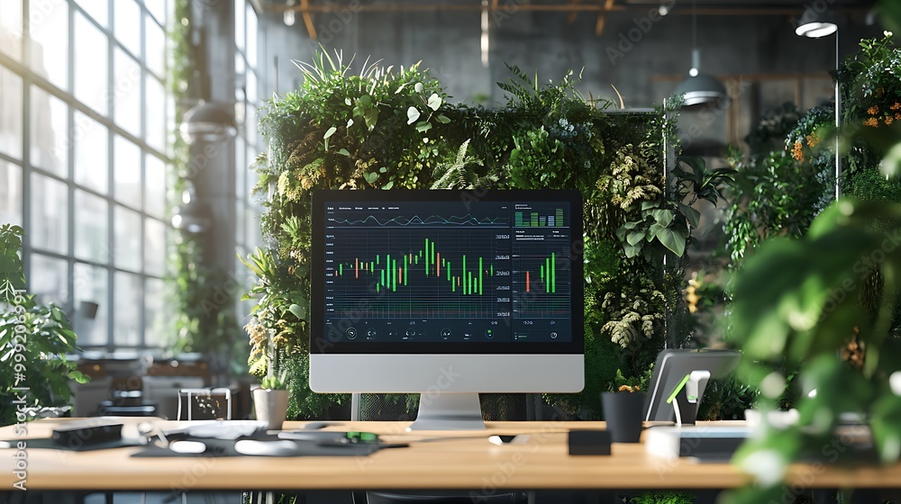 Fototapeta premium Eco-Friendly Workspace with Live Renewable Energy Data Display