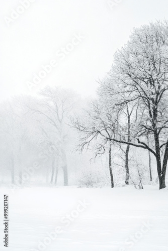 Wallpaper Mural A serene winter landscape featuring bare trees covered in snow, standing in a peaceful, snowy field under a misty, overcast sky. Torontodigital.ca