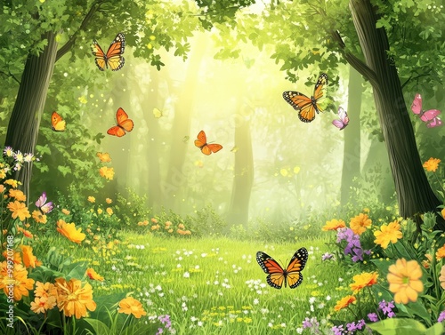 Wallpaper Mural Magical Butterfly Garden - Whimsical Summer Meadow With Flying Butterflies and Colorful Flowers. Torontodigital.ca