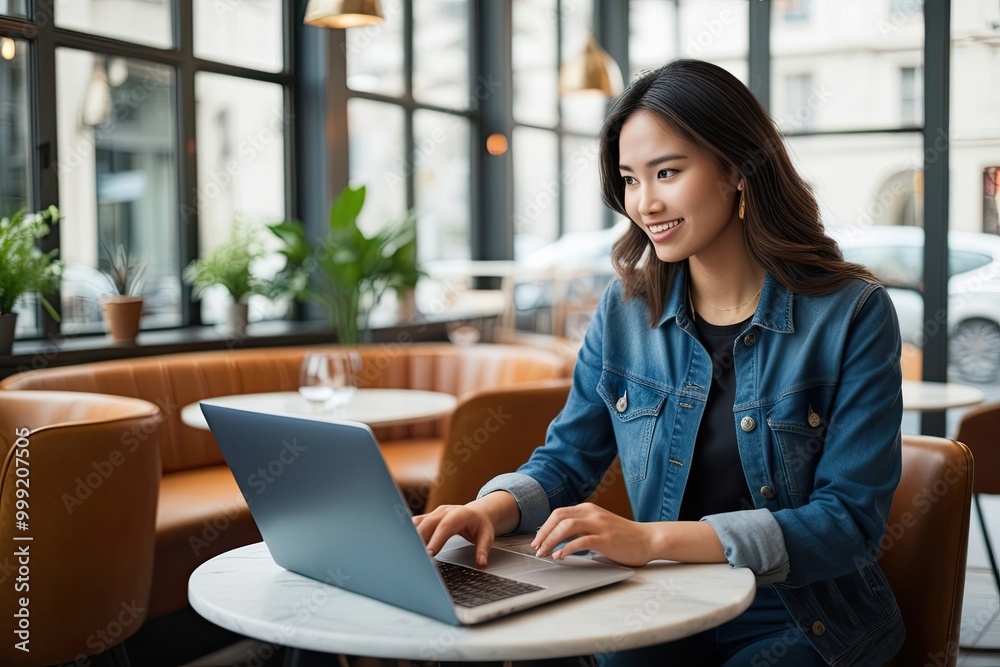 Young Woman Working on Laptop in Stylish Caf� Environment Young Woman Working on Laptop in Stylish Caf� Environment
