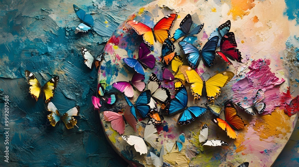 Fototapeta premium An artistic composition of an artist’s paint palette with a spectrum of vivid colors, where multicolored butterflies are bursting forth. The butterflies, with their delicate wings showcasing 