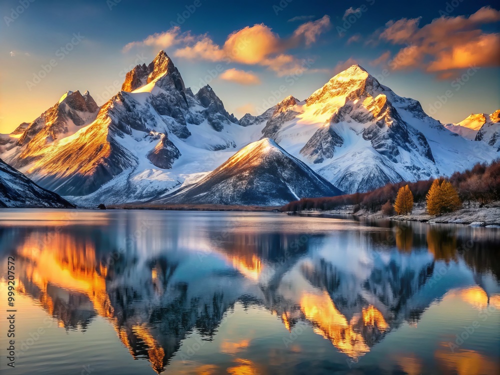 Snow-capped mountains tower above still waters, illuminated by warm golden light of dawn, casting a serene ambiance. Snow-capped mountains tower above still waters, illuminated by warm golden light of dawn, casting a serene ambiance.